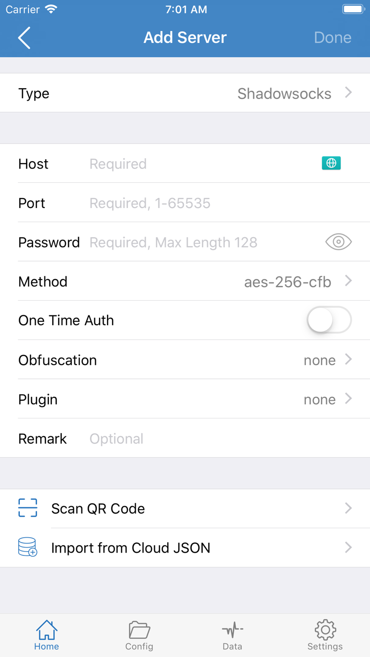 Shadowrocket Add Server 공식 스크린샷: Type, Host, Port, Password, Method 및 화면 하단의 가져오기 메뉴