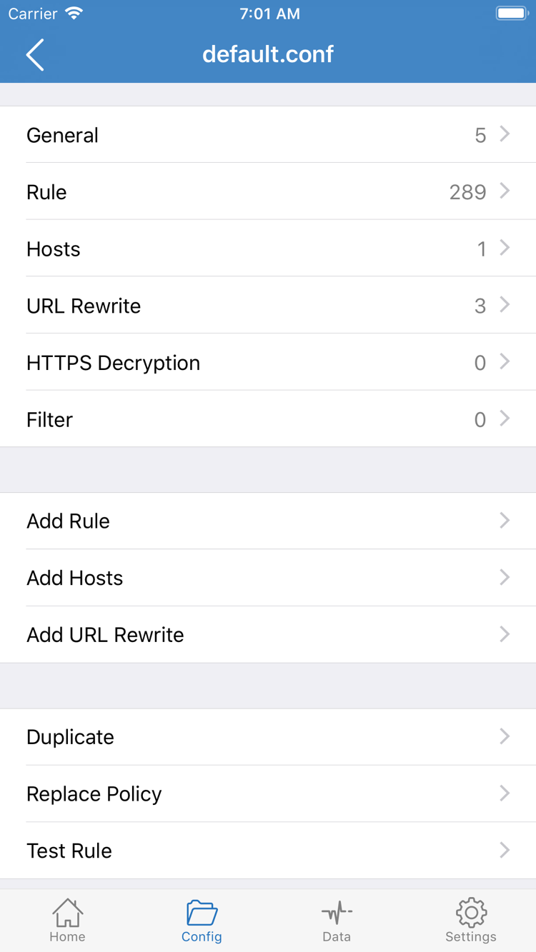 Shadowrocket Config 공식 스크린샷: General, Rule, Hosts, URL Rewrite, HTTPS Decryption 섹션 및 Add Rule