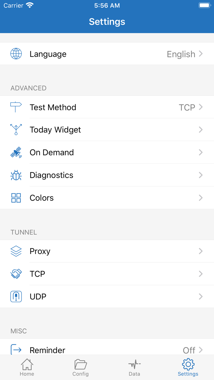 Shadowrocket Settings 공식 스크린샷: Language, Test Method, Today Widget, On Demand, Diagnostics, Proxy, TCP 및 UDP